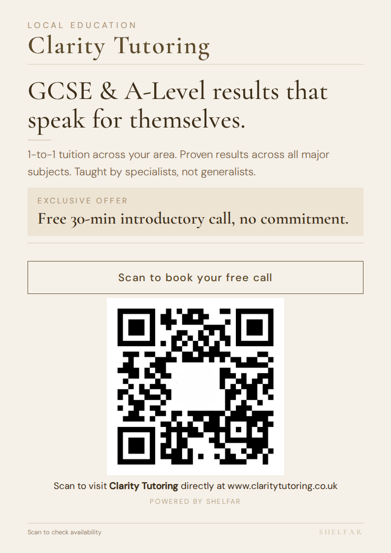 Shelfar poster for Clarity Tutoring, a local GCSE and A-Level tuition service