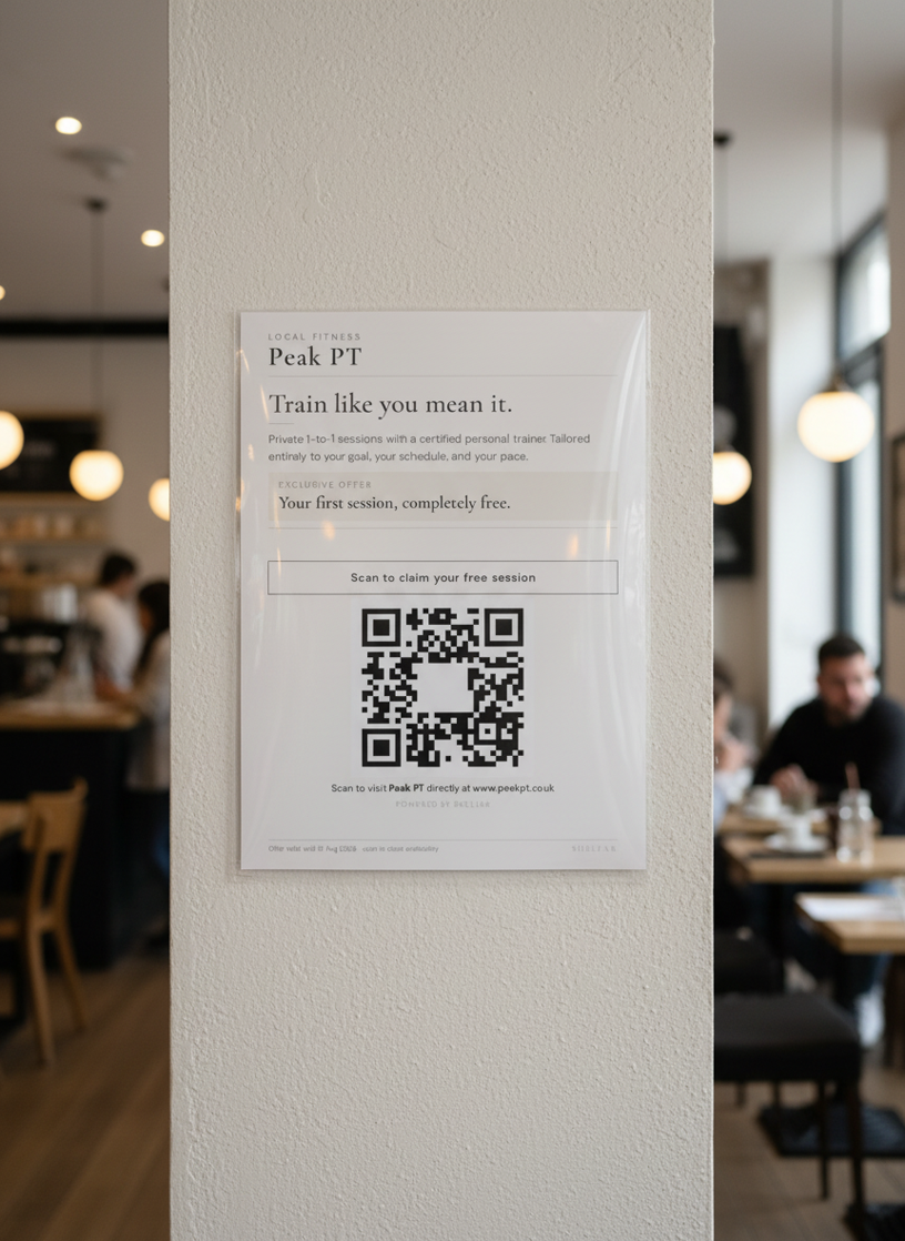 Shelfar A4 poster for Sova Wellness displayed in a cafe setting